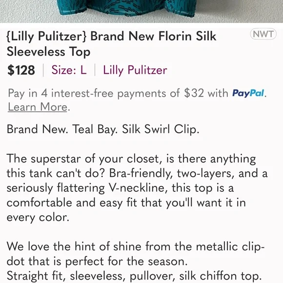 Lilly Pulitzer NWT Size XL Stunning Blue Patterned Sleeveless V-Neck Blouse Top - Picture 6 of 9